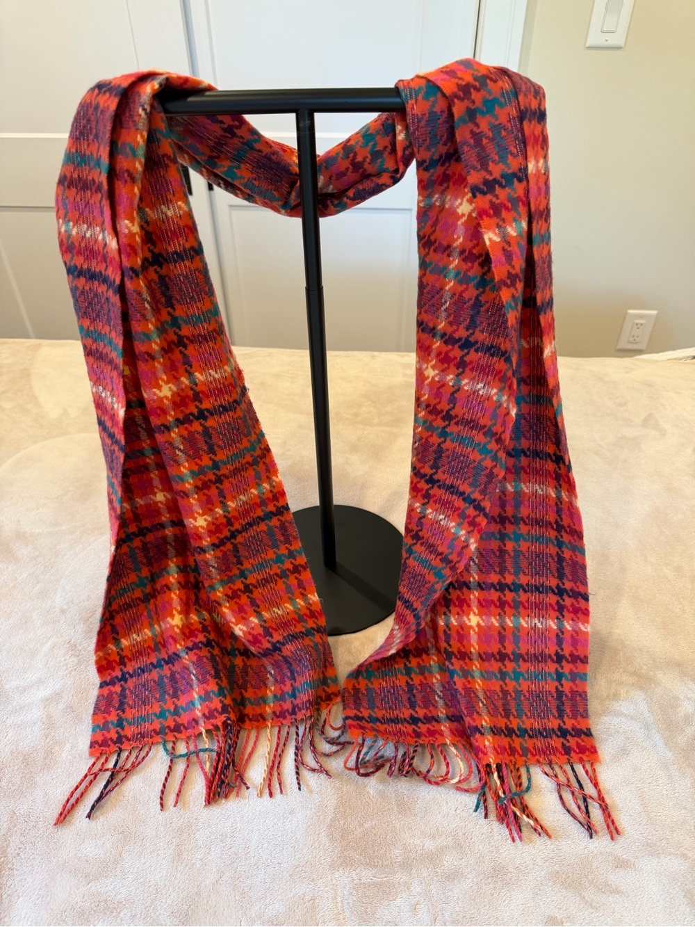 Vibrant Plaid Fringe Scarf in Red, Green & Orange 100% Cashmere